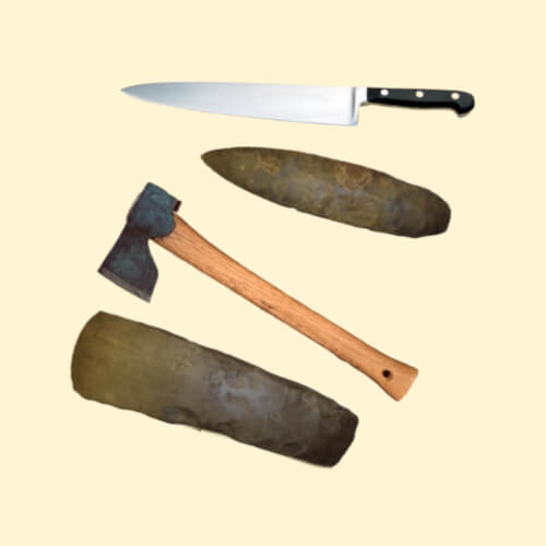 Modern and stone age knife and axe